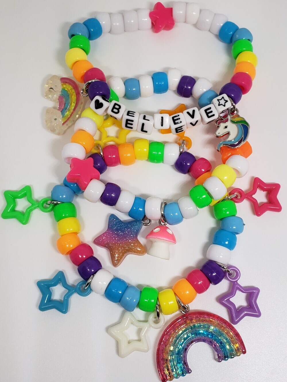 Handmade White Rainbow Believe Unicorn stackable kandi Bracelets ♡